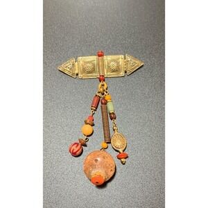 Vintage Beaded Dangle Brooch With Large Red Jadeite Jade Bead Victorian Revival